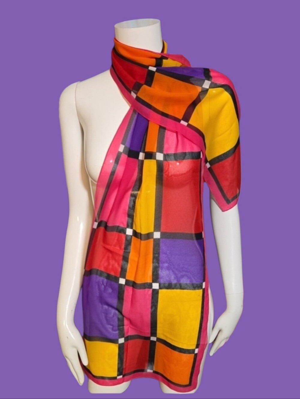 Colorblock Plaid Silk-Look Scarf Top - Pink, Yellow & Purple